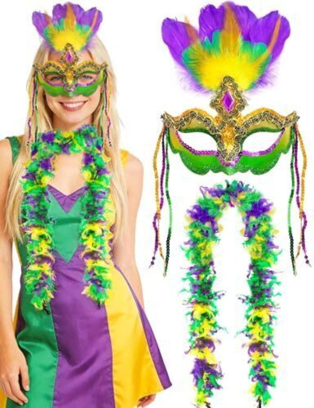 5806 2 Pcs Mardi Gras Mask and Feather Boa Set, Glitter Sequin Masquerade